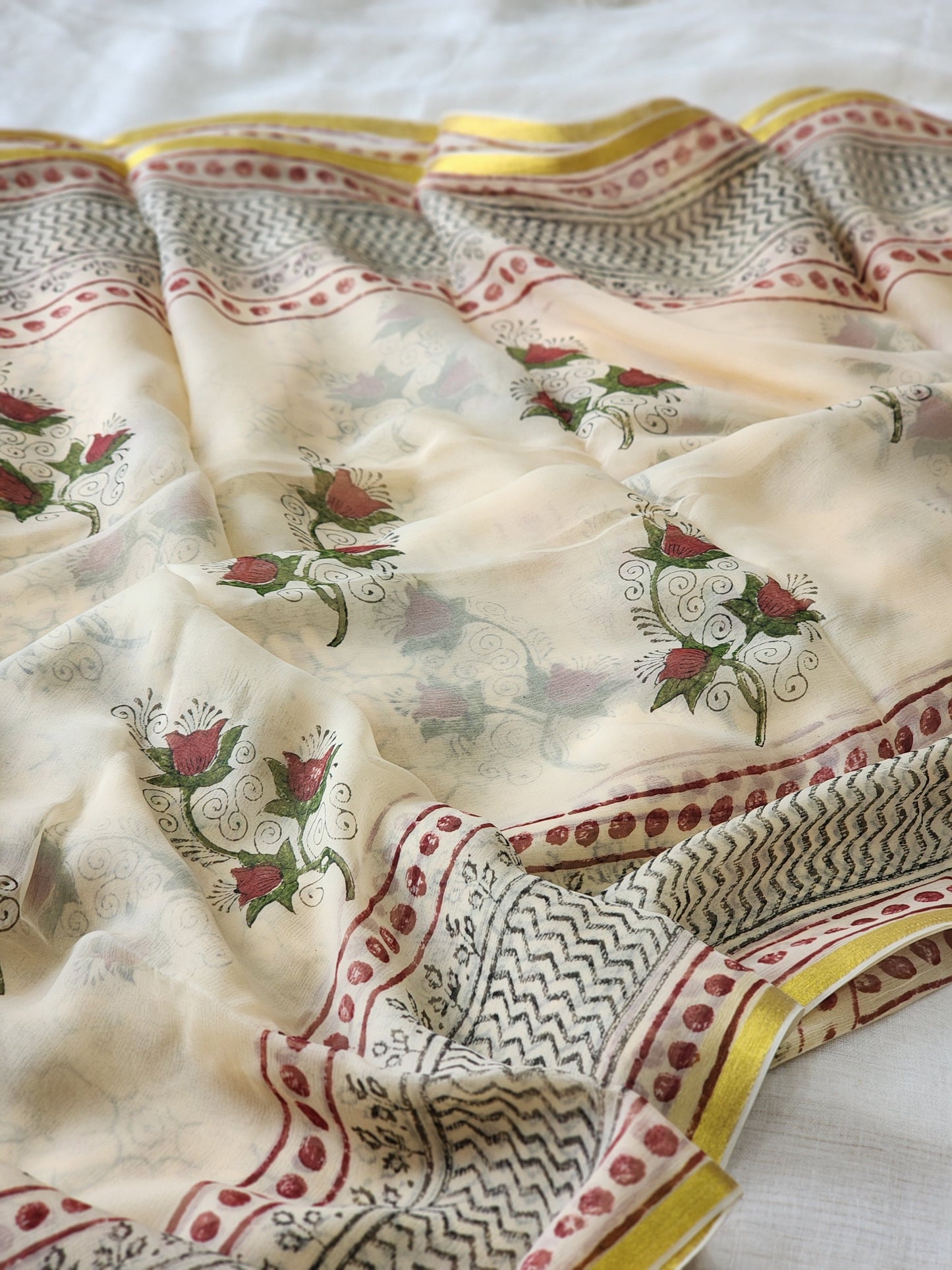 Beige Chiffon Handblock Saree