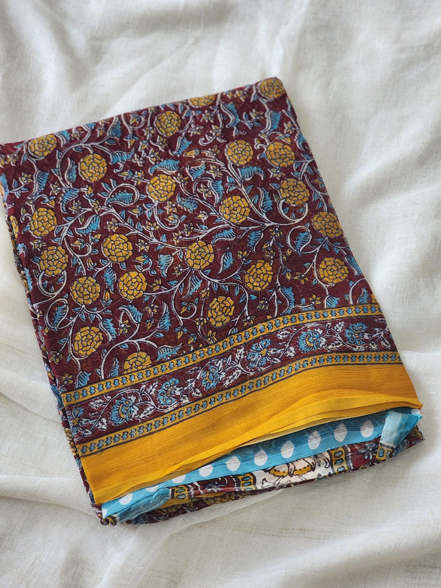 Maroon Chiffon Handblock Saree