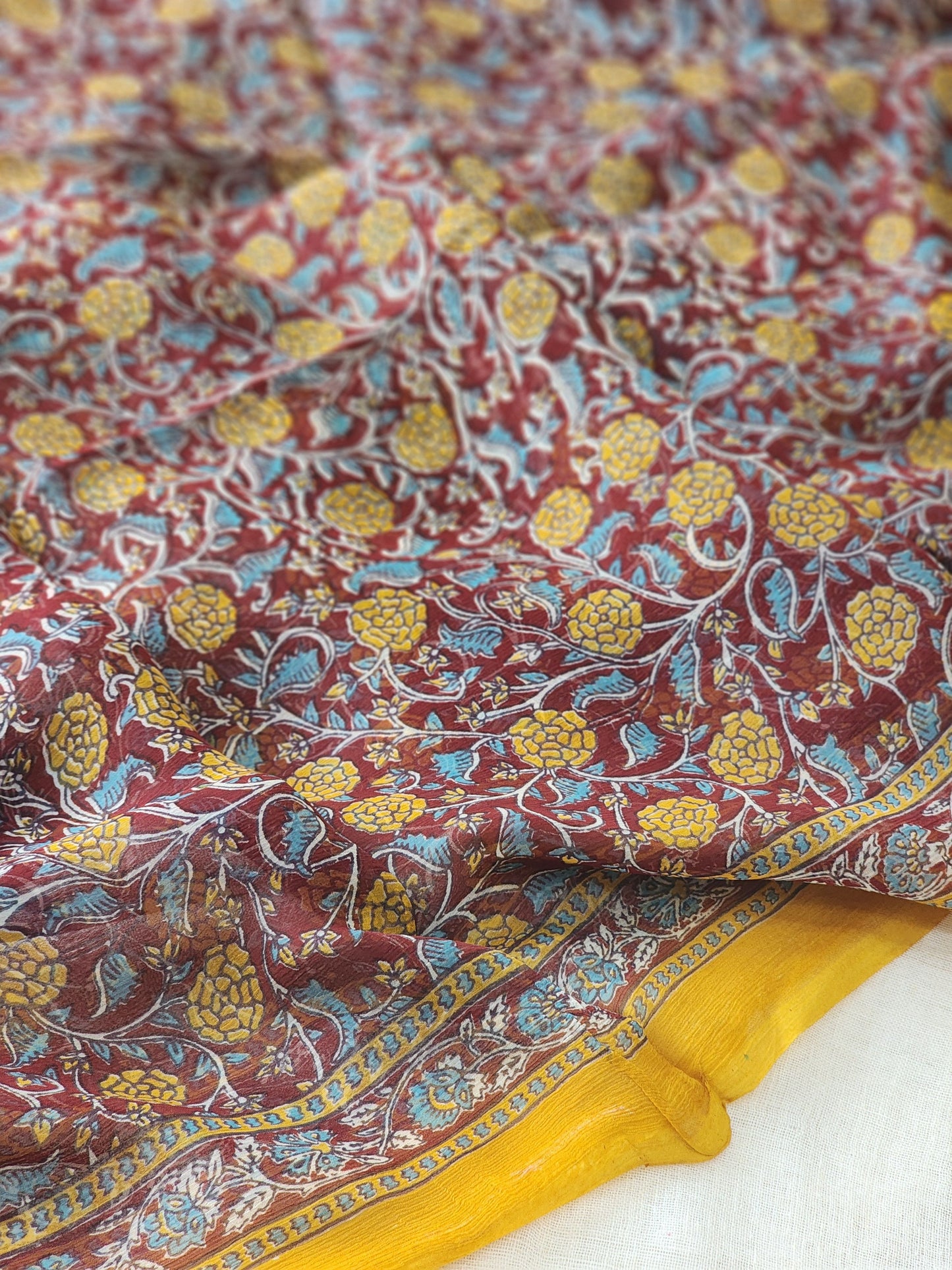 Maroon Chiffon Handblock Saree