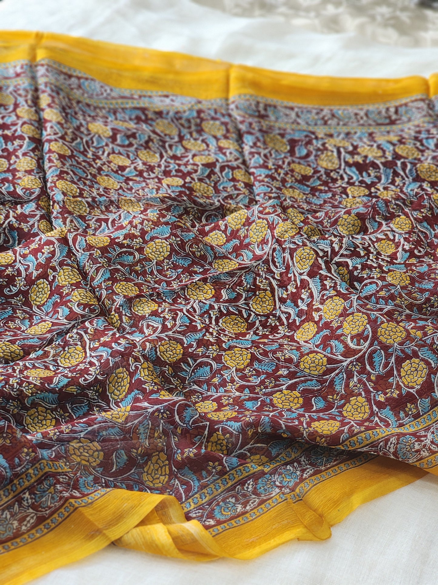 Maroon Chiffon Handblock Saree