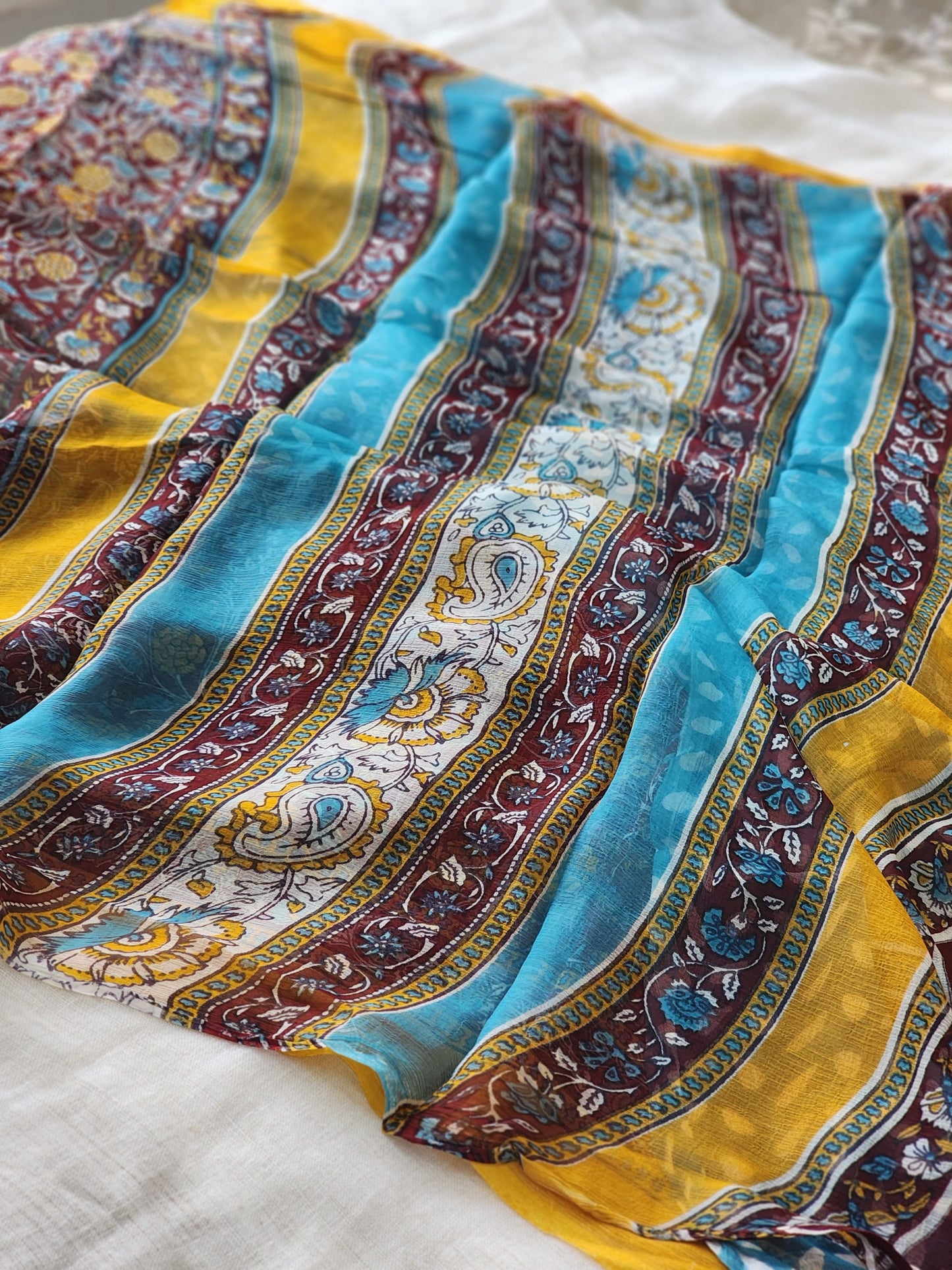 Maroon Chiffon Handblock Saree