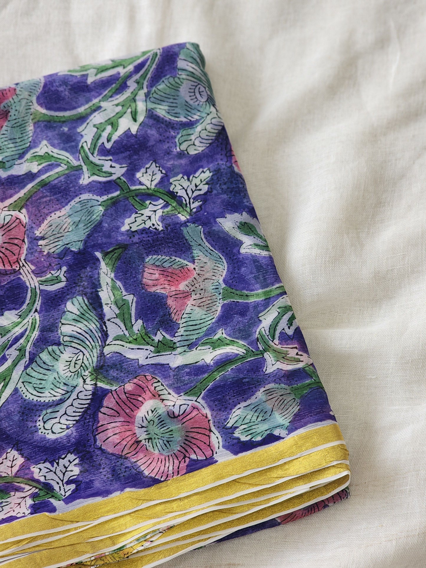 Purple Chiffon Handblock Saree