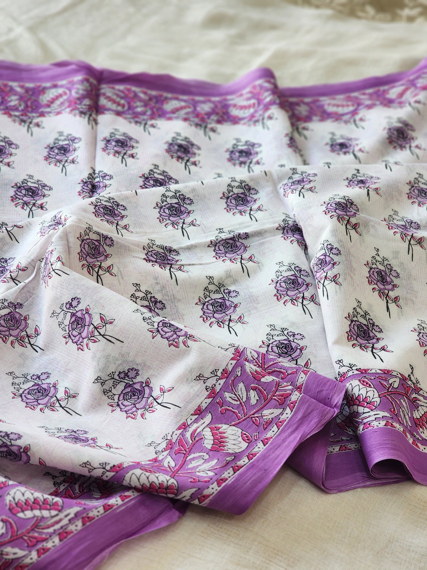 White handblock cotton saree