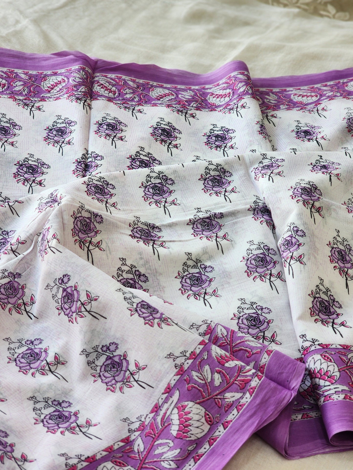 White handblock cotton saree