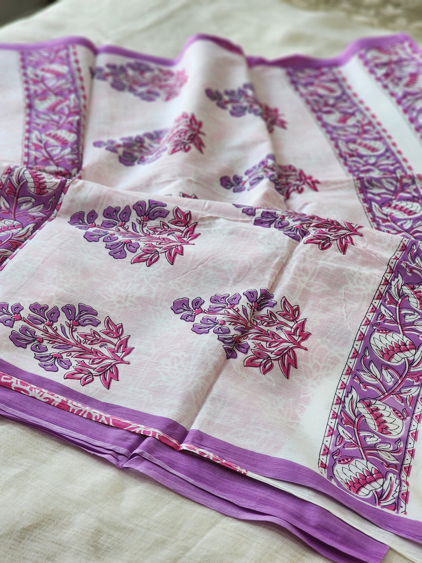 White handblock cotton saree