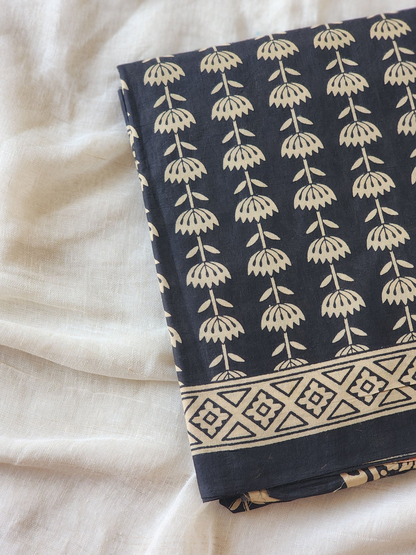 Black handblock cotton saree