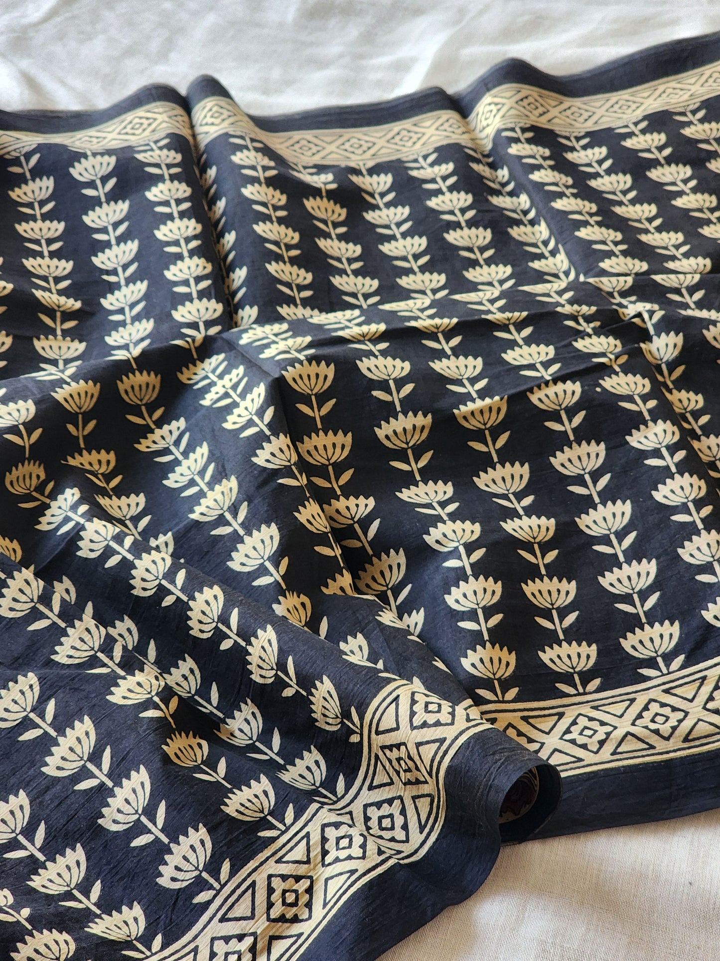 Black handblock cotton saree