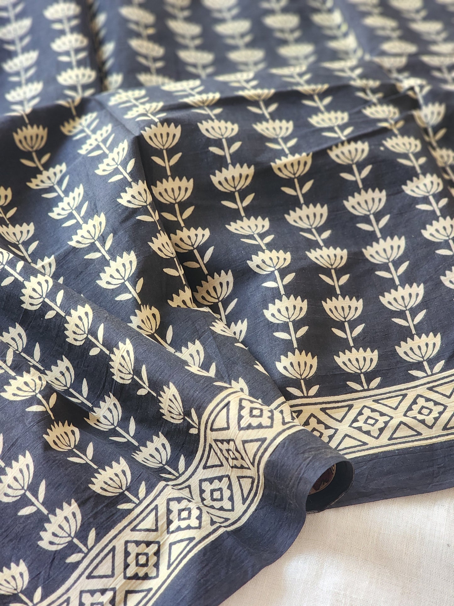 Black handblock cotton saree