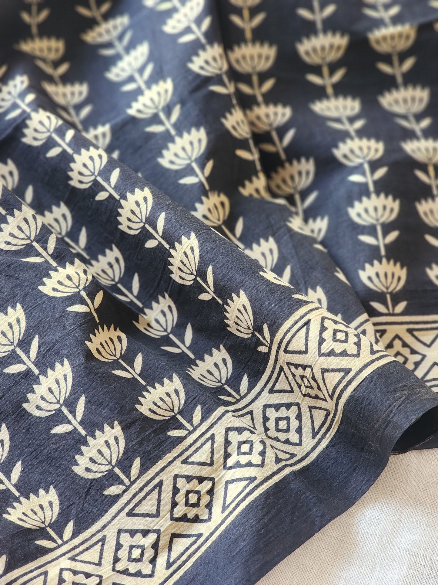Black handblock cotton saree