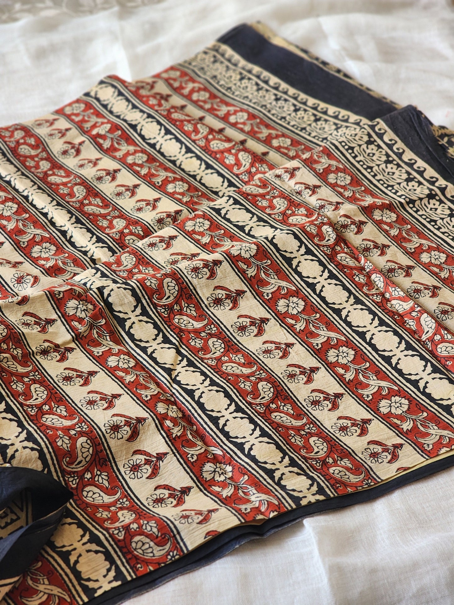 Black handblock cotton saree