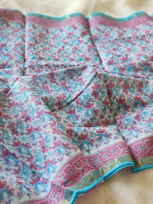 Blue handblock kota saree