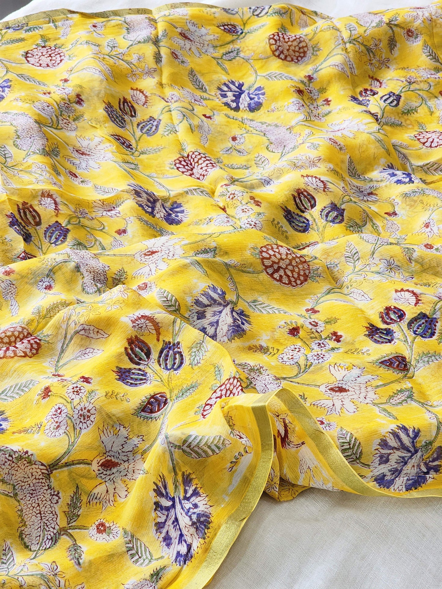 Yellow Chiffon Handblock Saree