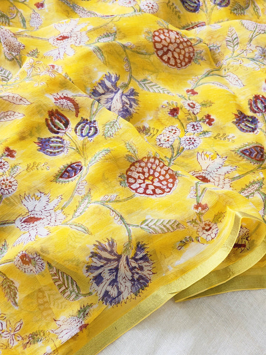 Yellow Chiffon Handblock Saree