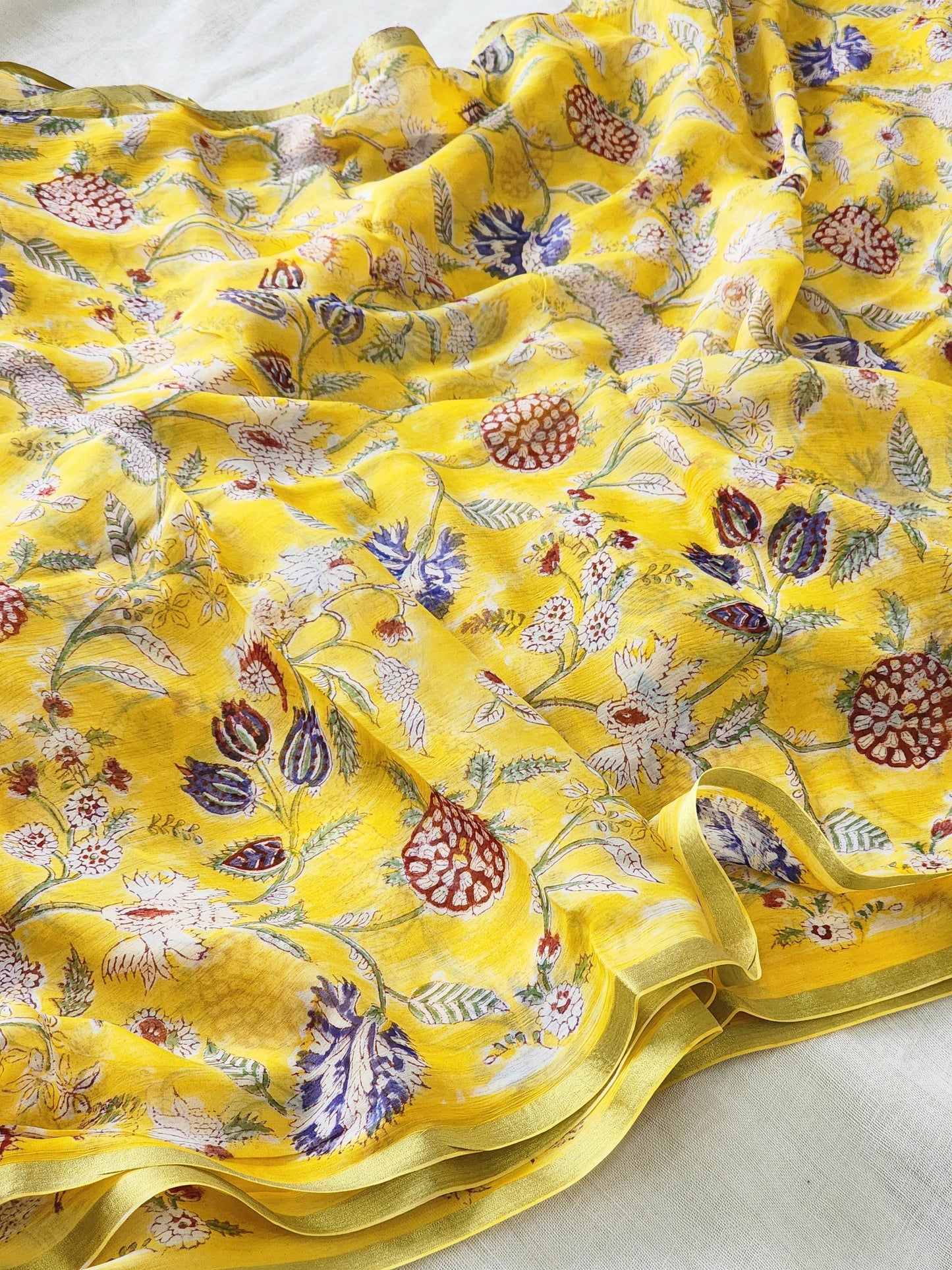 Yellow Chiffon Handblock Saree