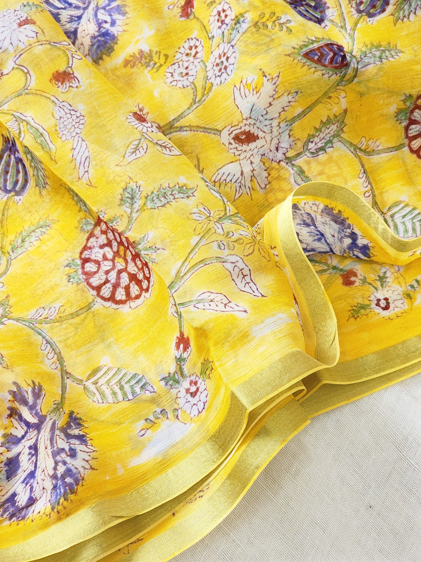 Yellow Chiffon Handblock Saree