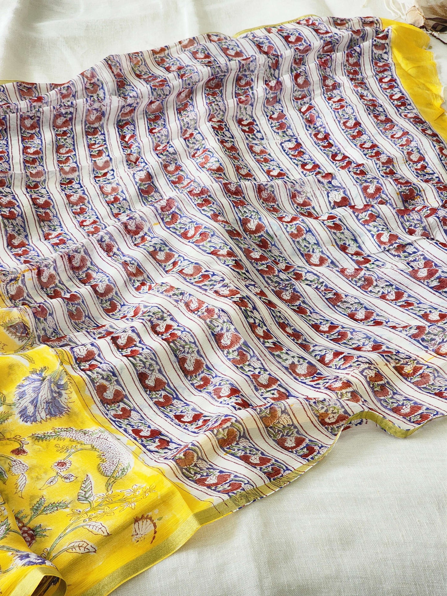 Yellow Chiffon Handblock Saree