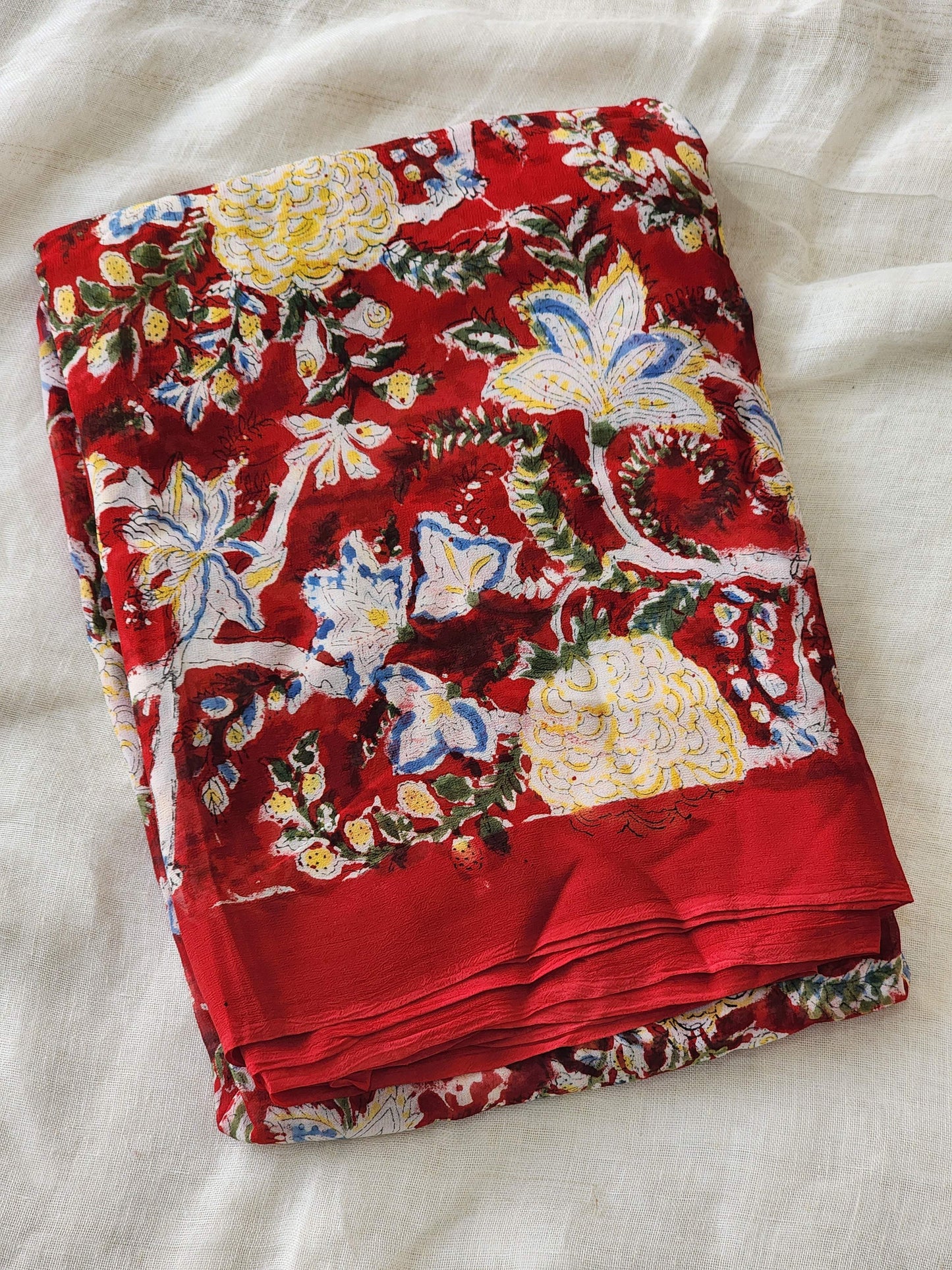 Dark Red Georgette Handblock Saree