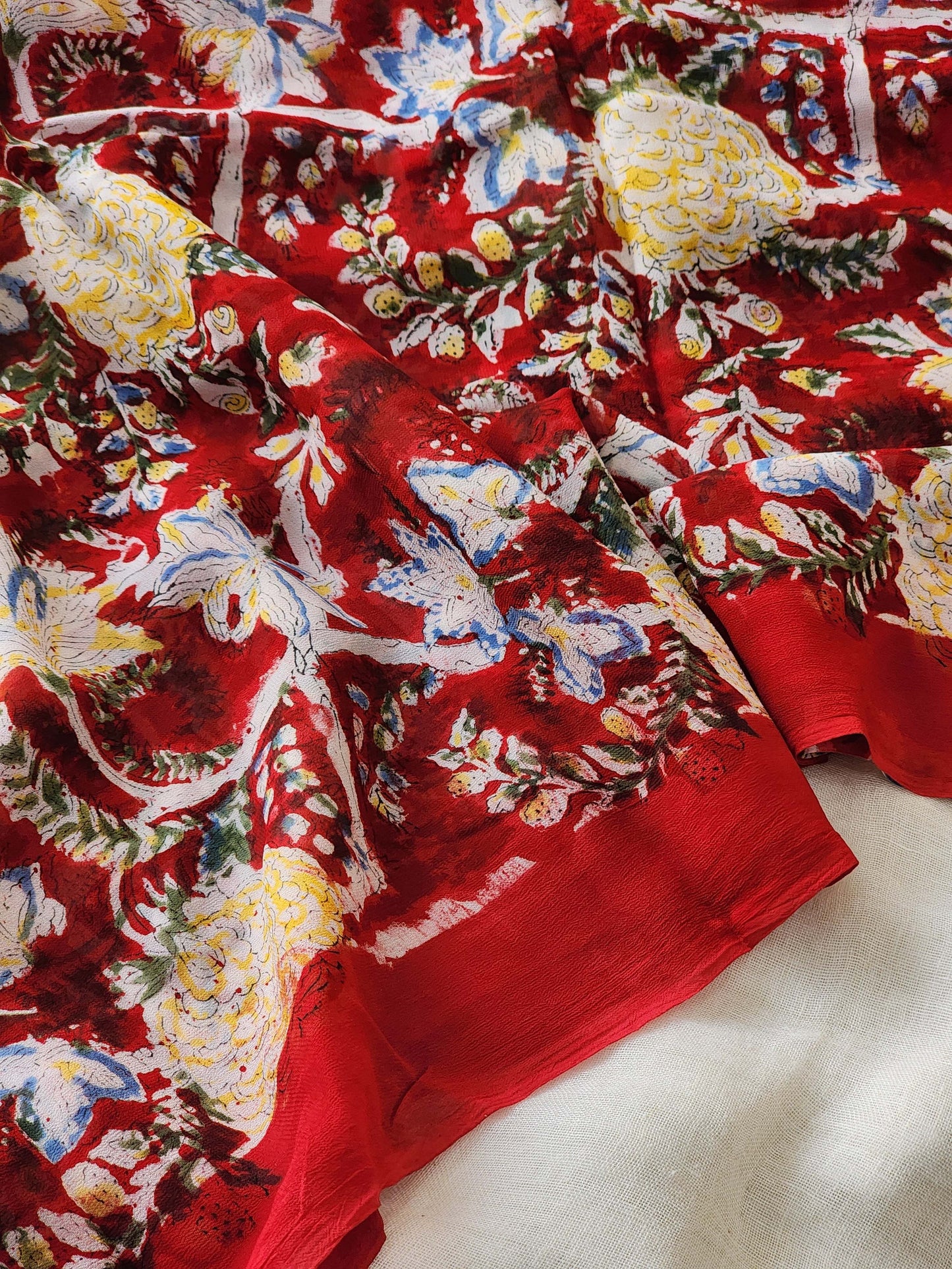 Dark Red Georgette Handblock Saree