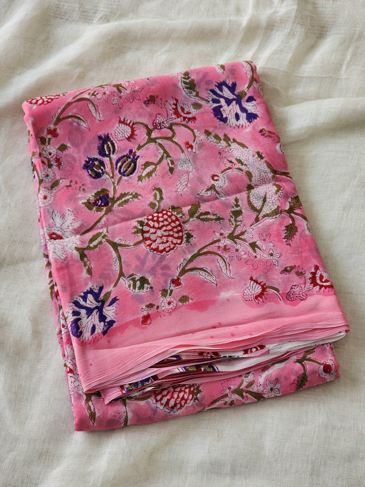 Pink Georgette Handblock Saree
