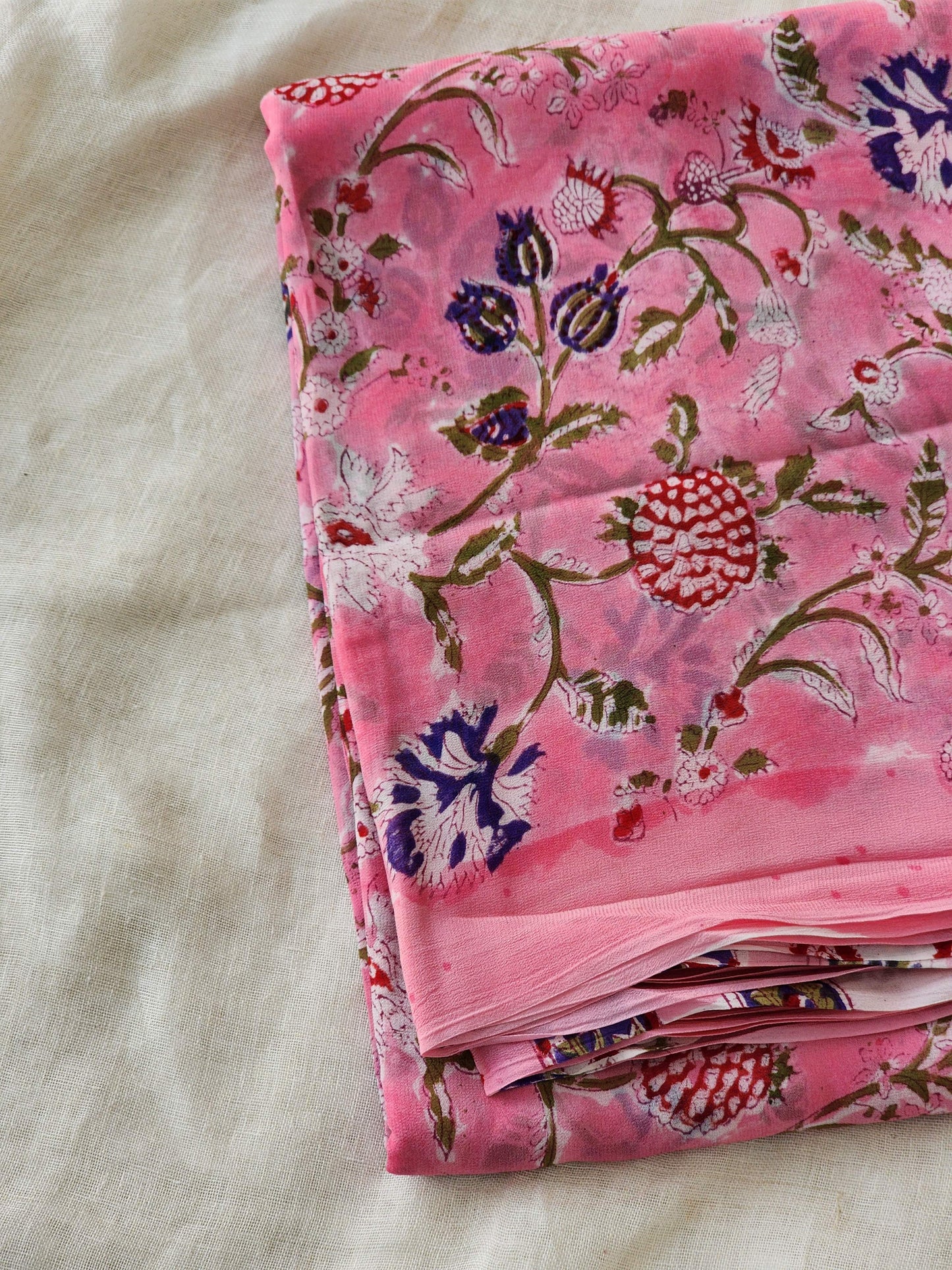 Pink Georgette Handblock Saree