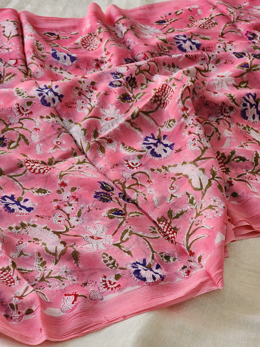 Pink Georgette Handblock Saree