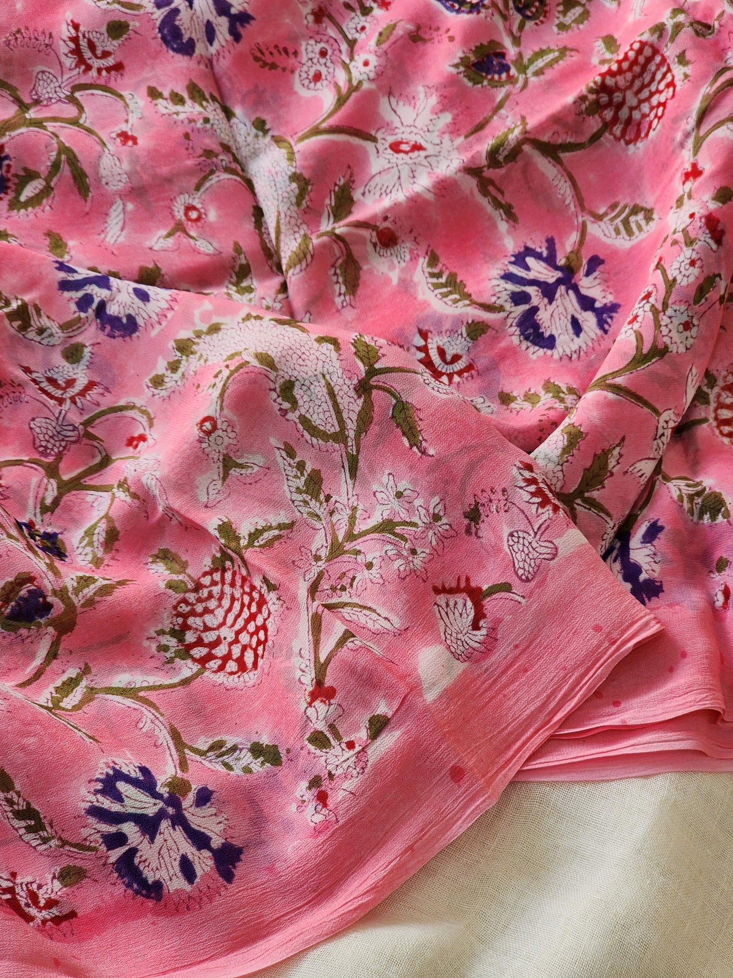 Pink Georgette Handblock Saree