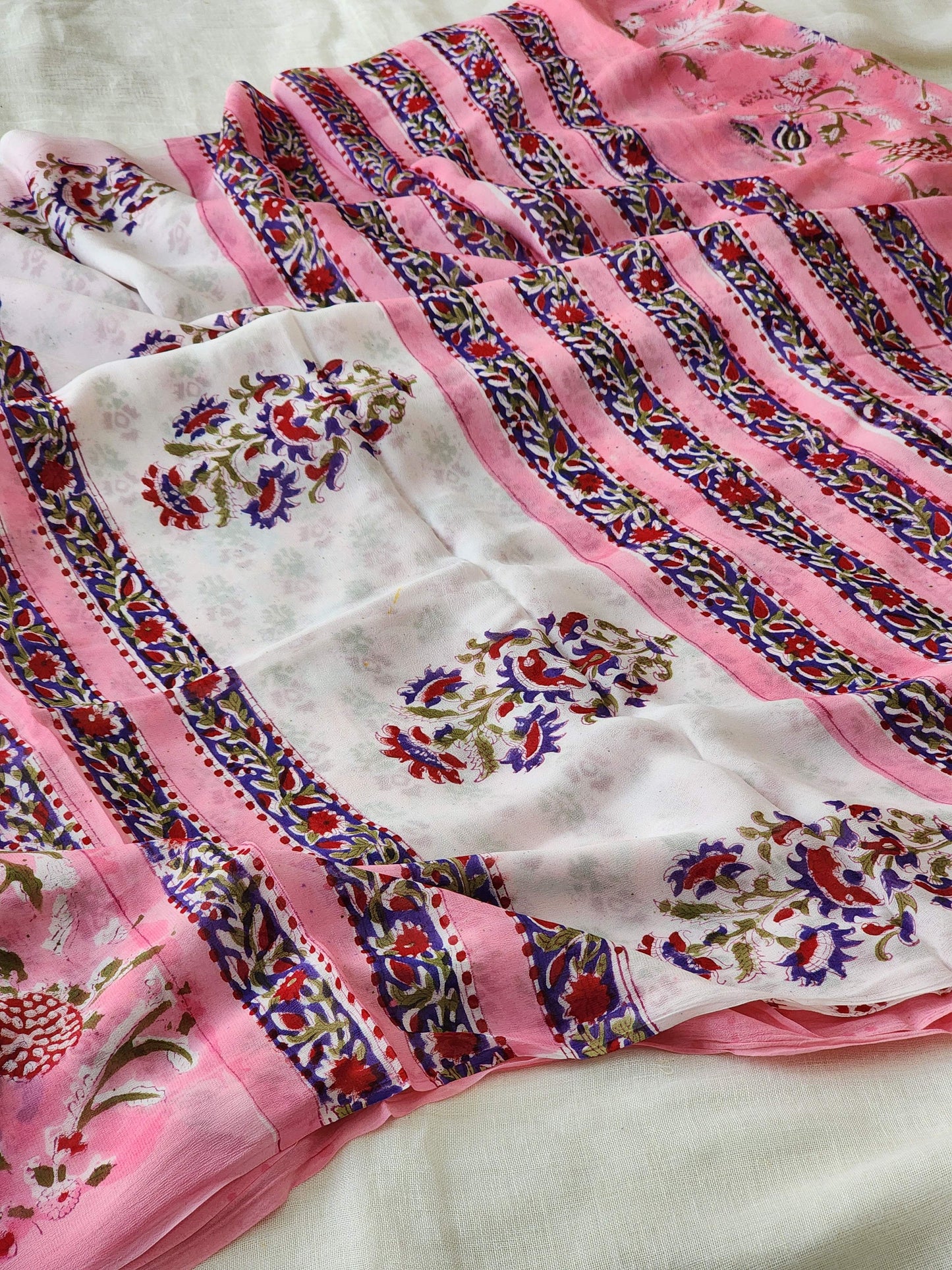 Pink Georgette Handblock Saree