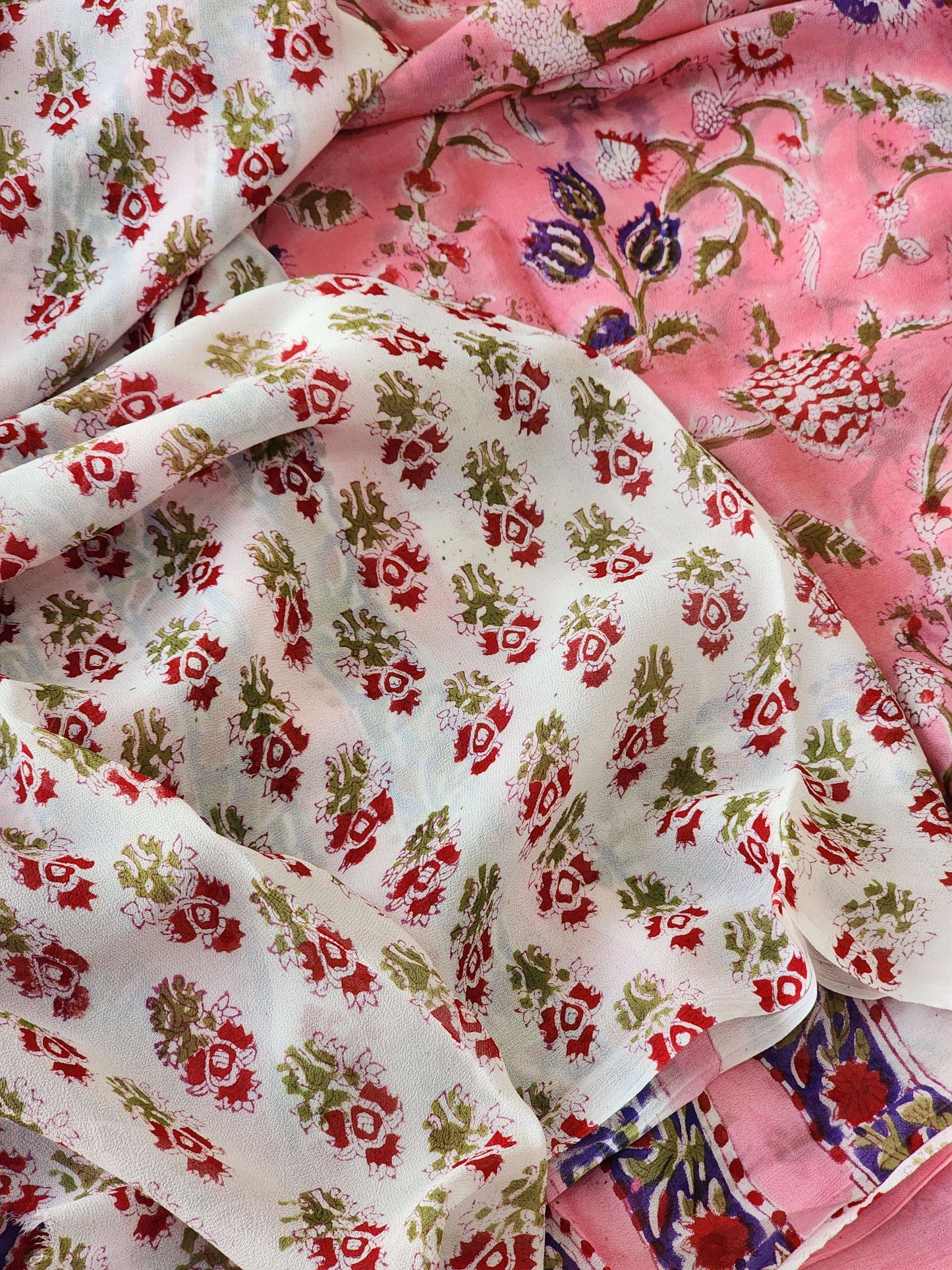 Pink Georgette Handblock Saree