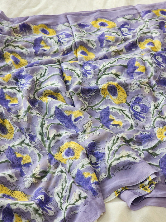 Light Purple Georgette Handblock Saree