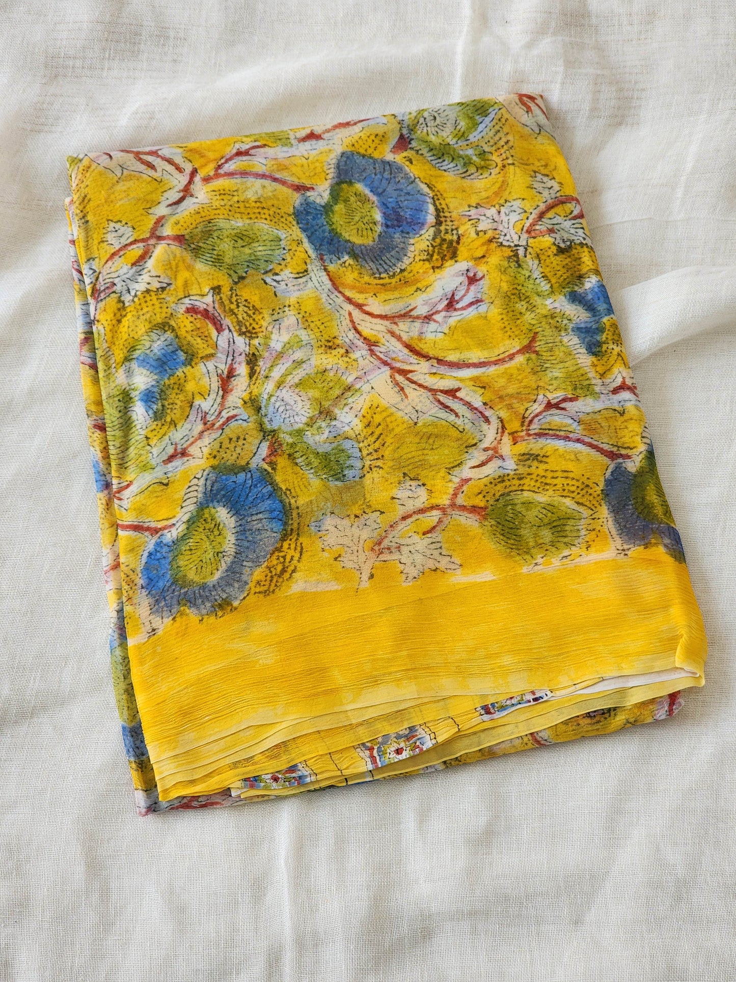 Yellow Chiffon Handblock Saree