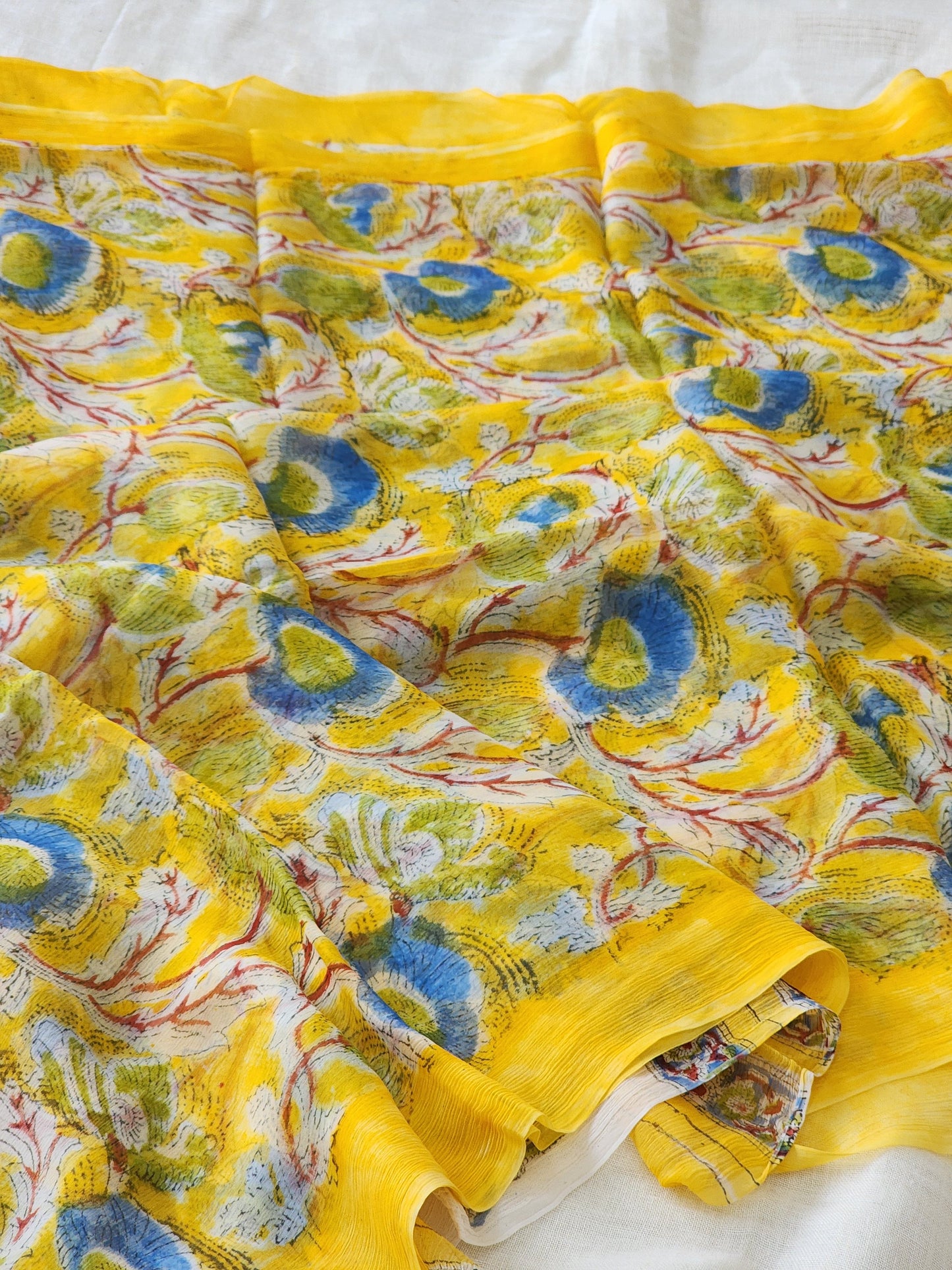 Yellow Chiffon Handblock Saree