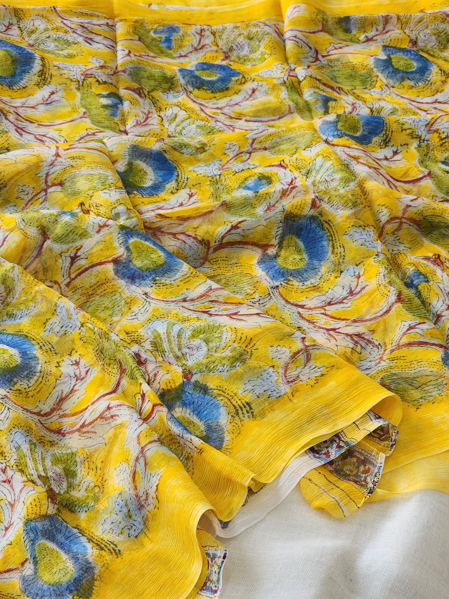 Yellow Chiffon Handblock Saree