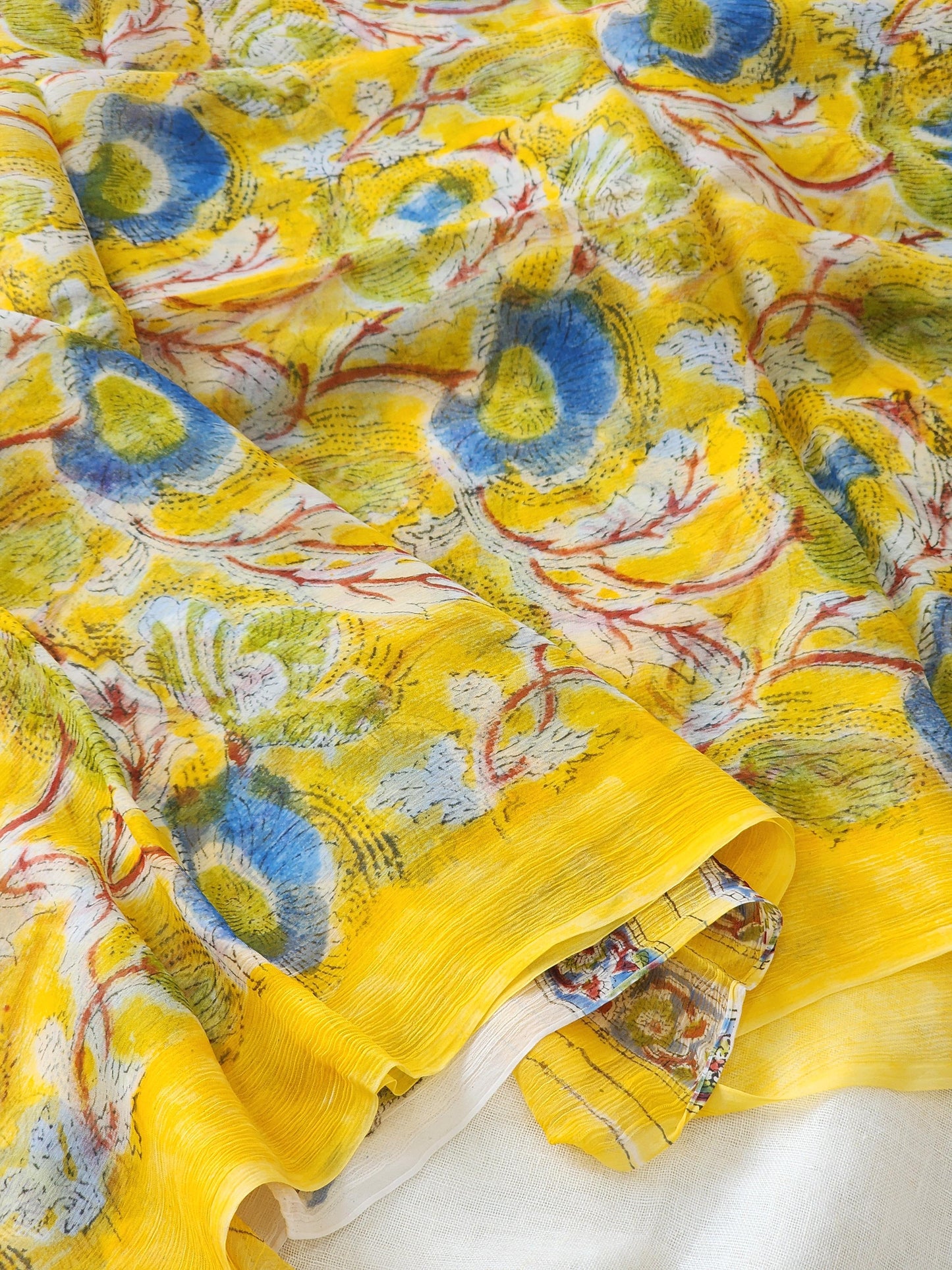 Yellow Chiffon Handblock Saree