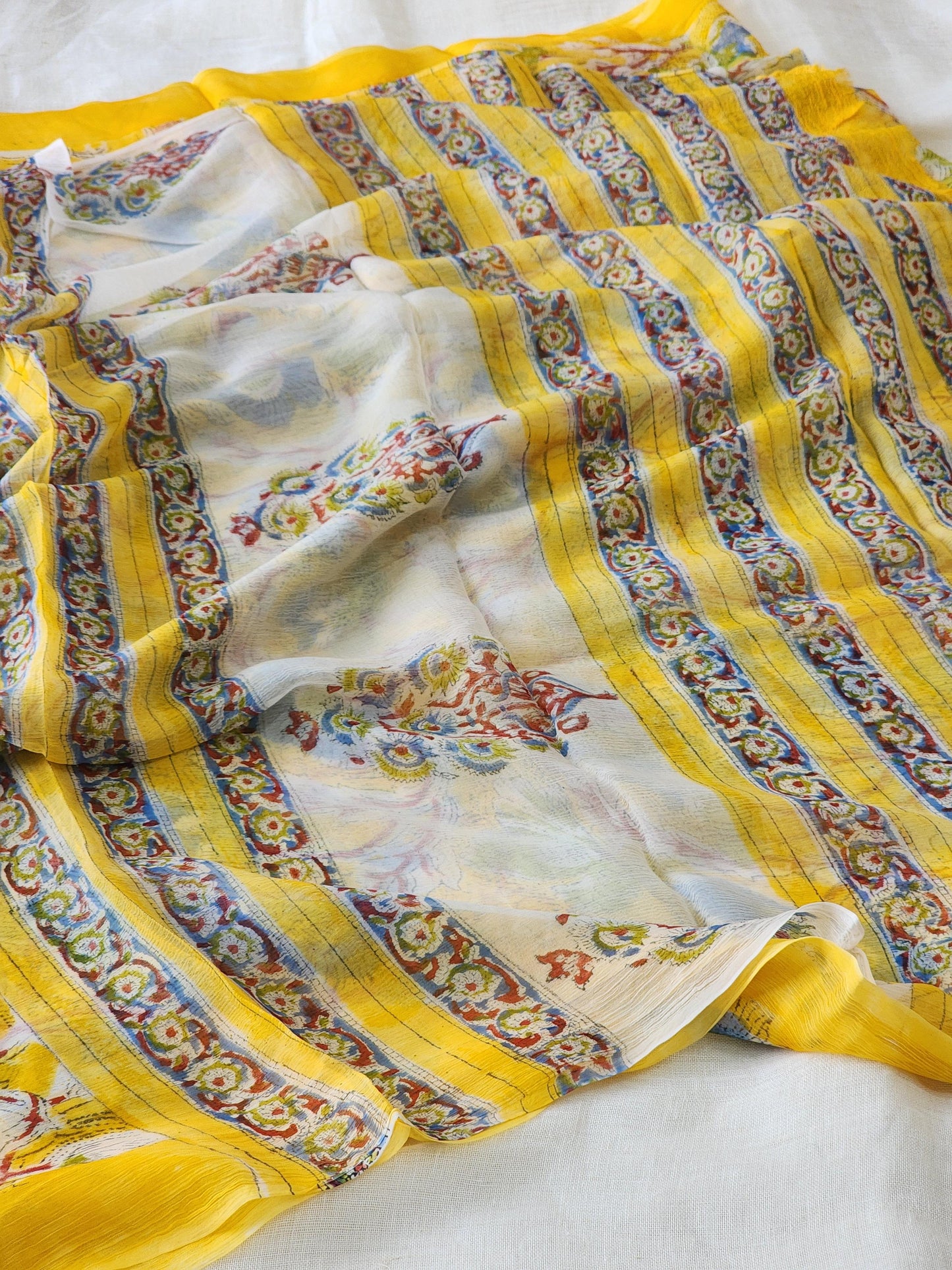 Yellow Chiffon Handblock Saree