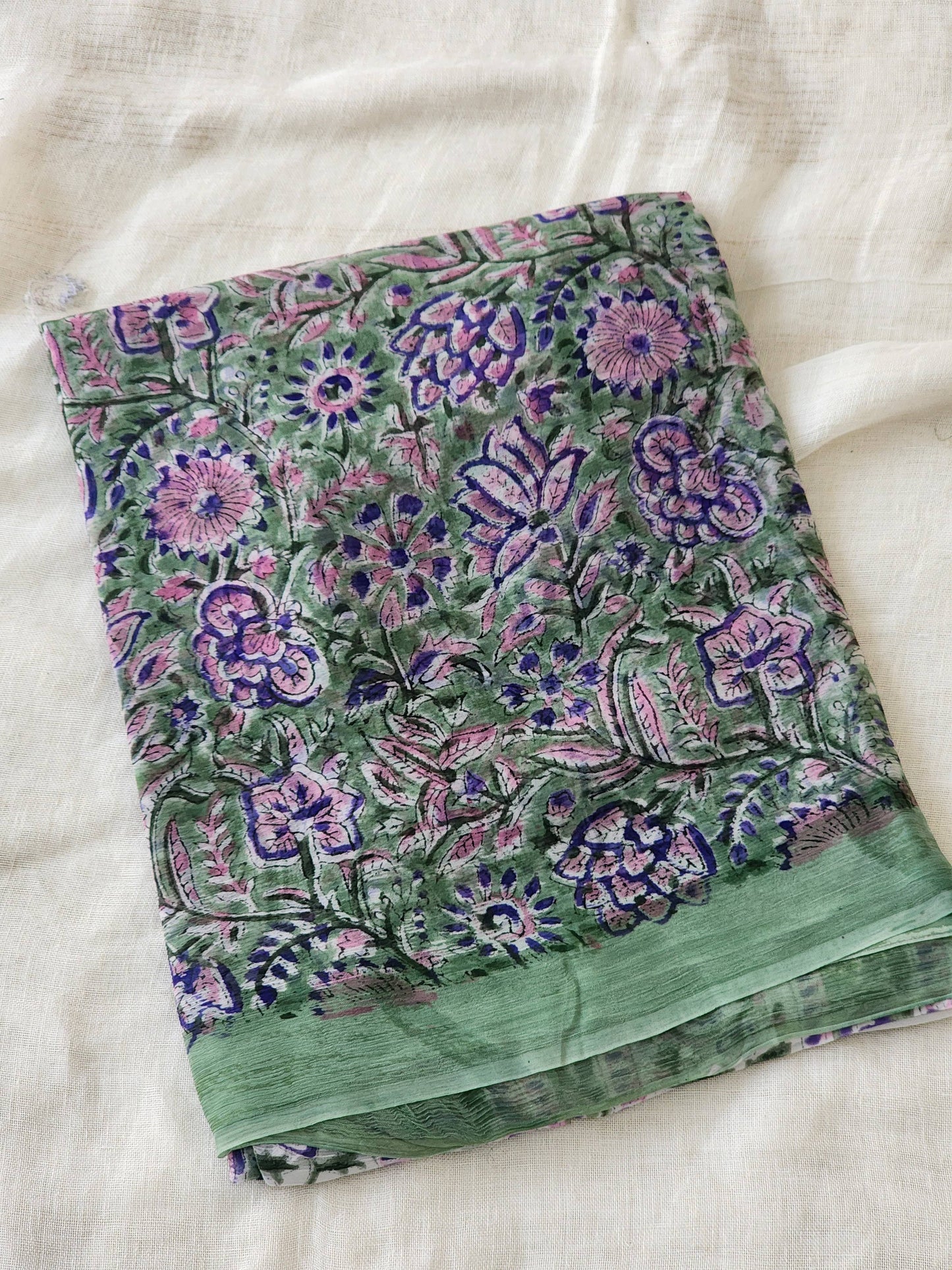 Green Chiffon Handblock Saree