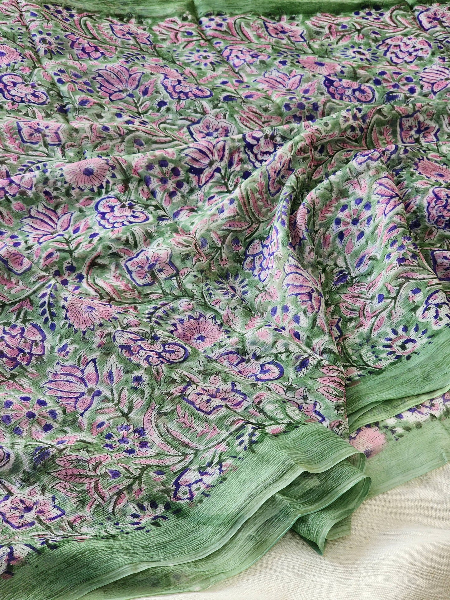 Green Chiffon Handblock Saree