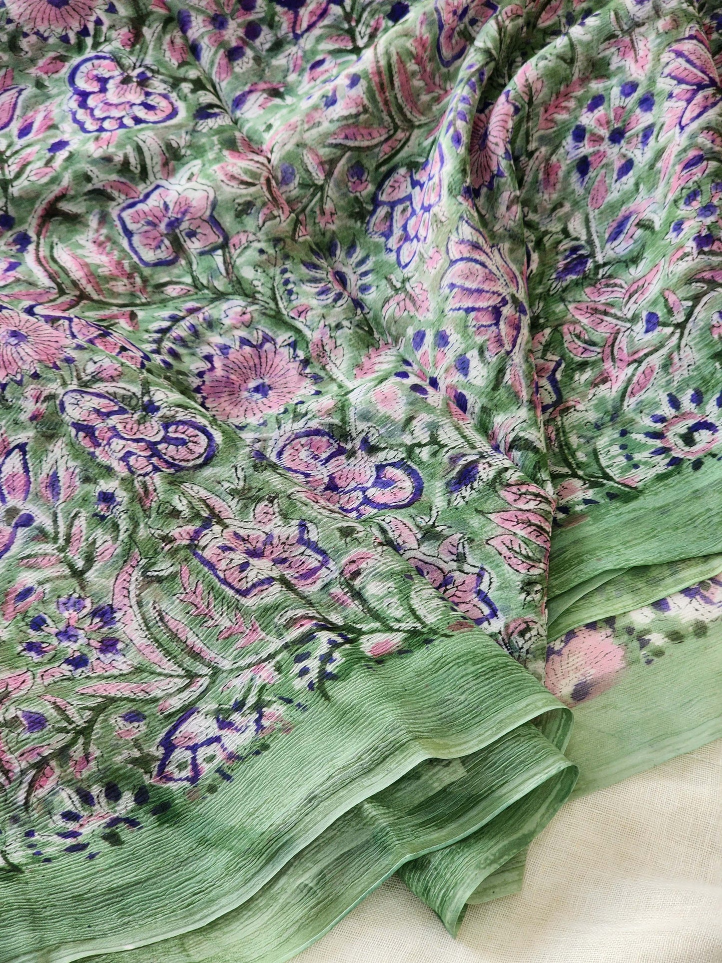 Green Chiffon Handblock Saree