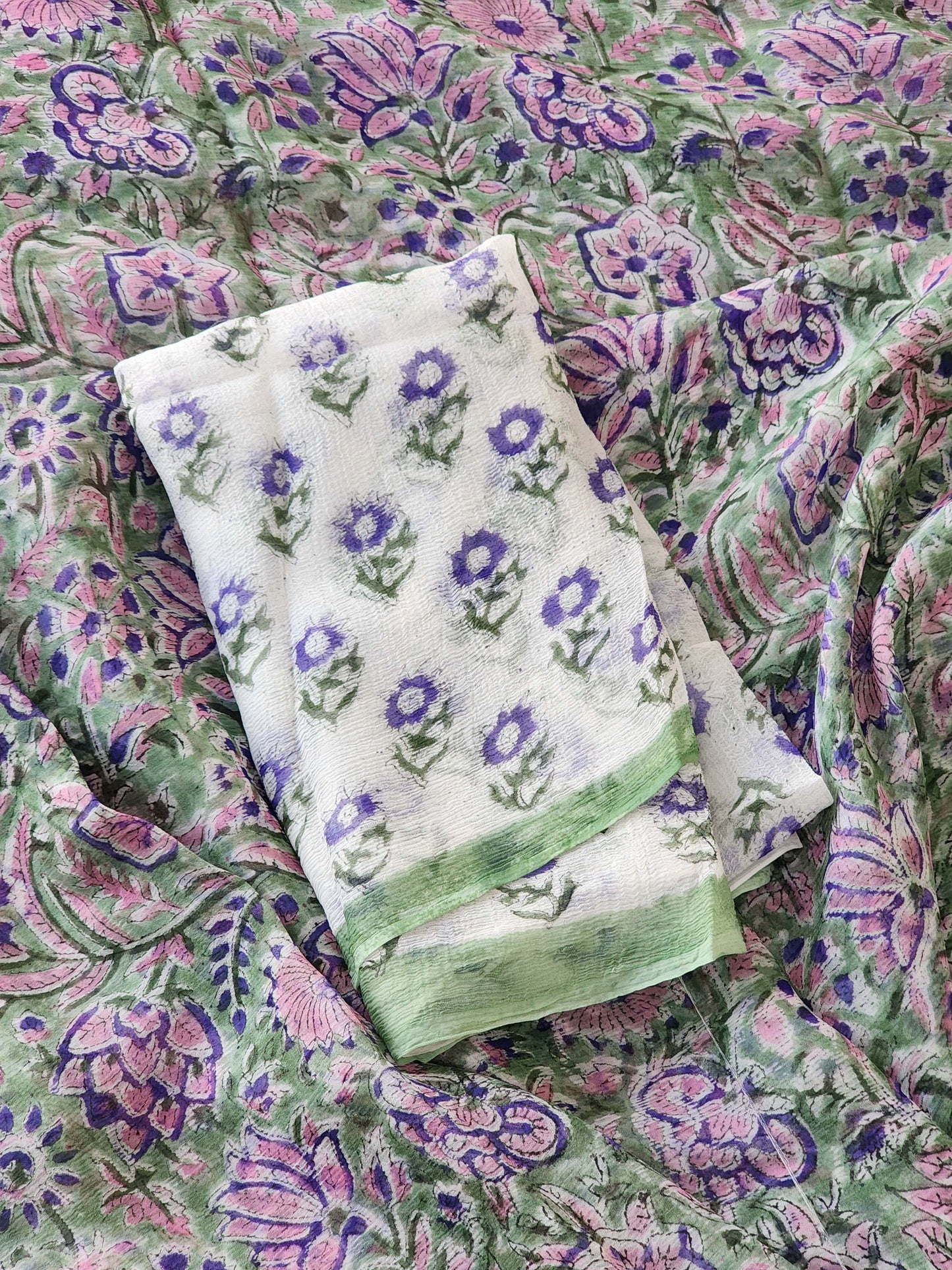 Green Chiffon Handblock Saree