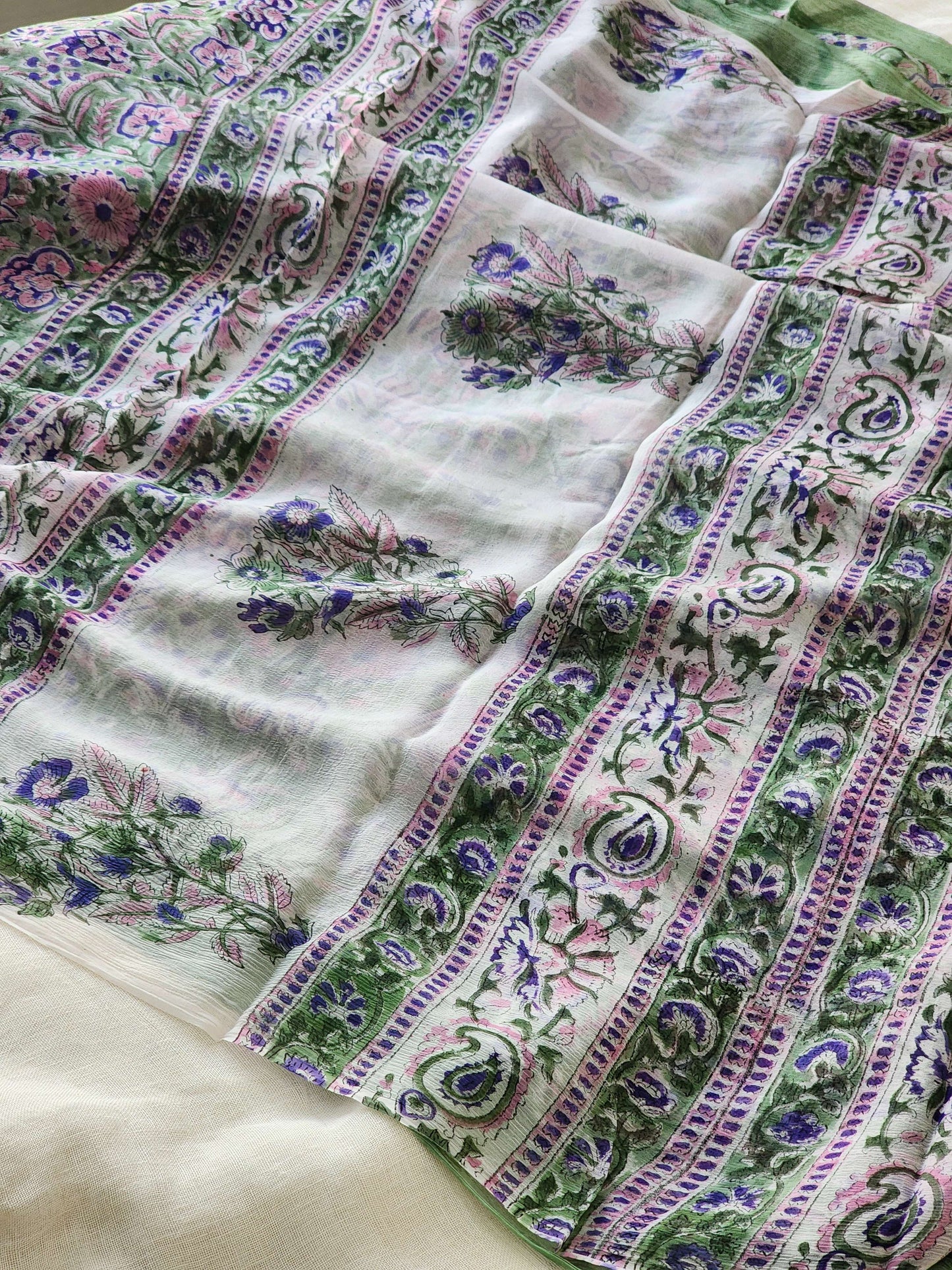 Green Chiffon Handblock Saree