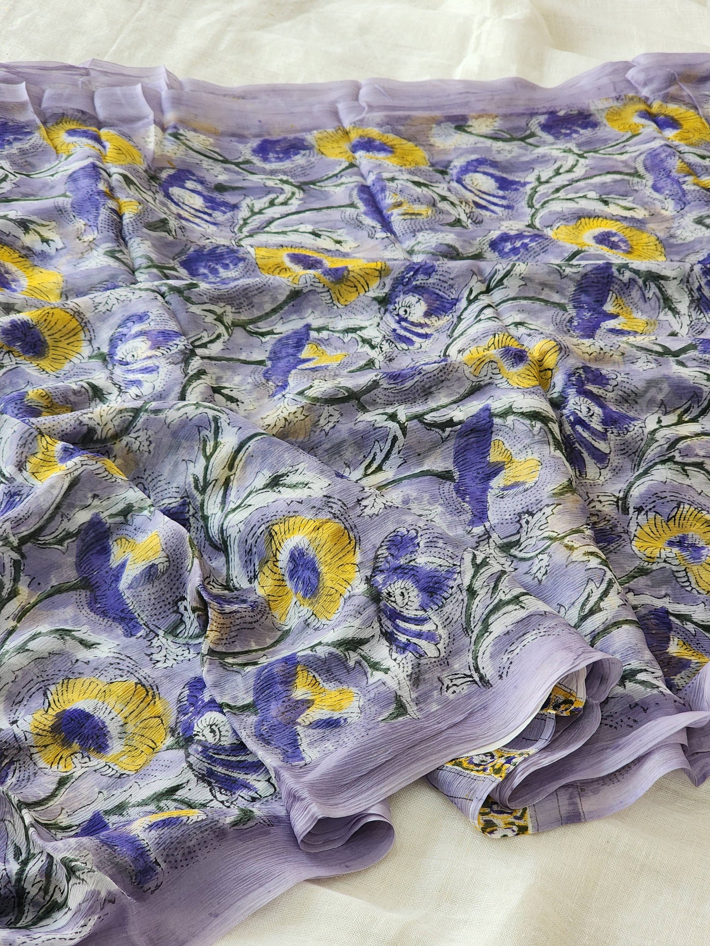 Light Purple Chiffon Handblock Saree