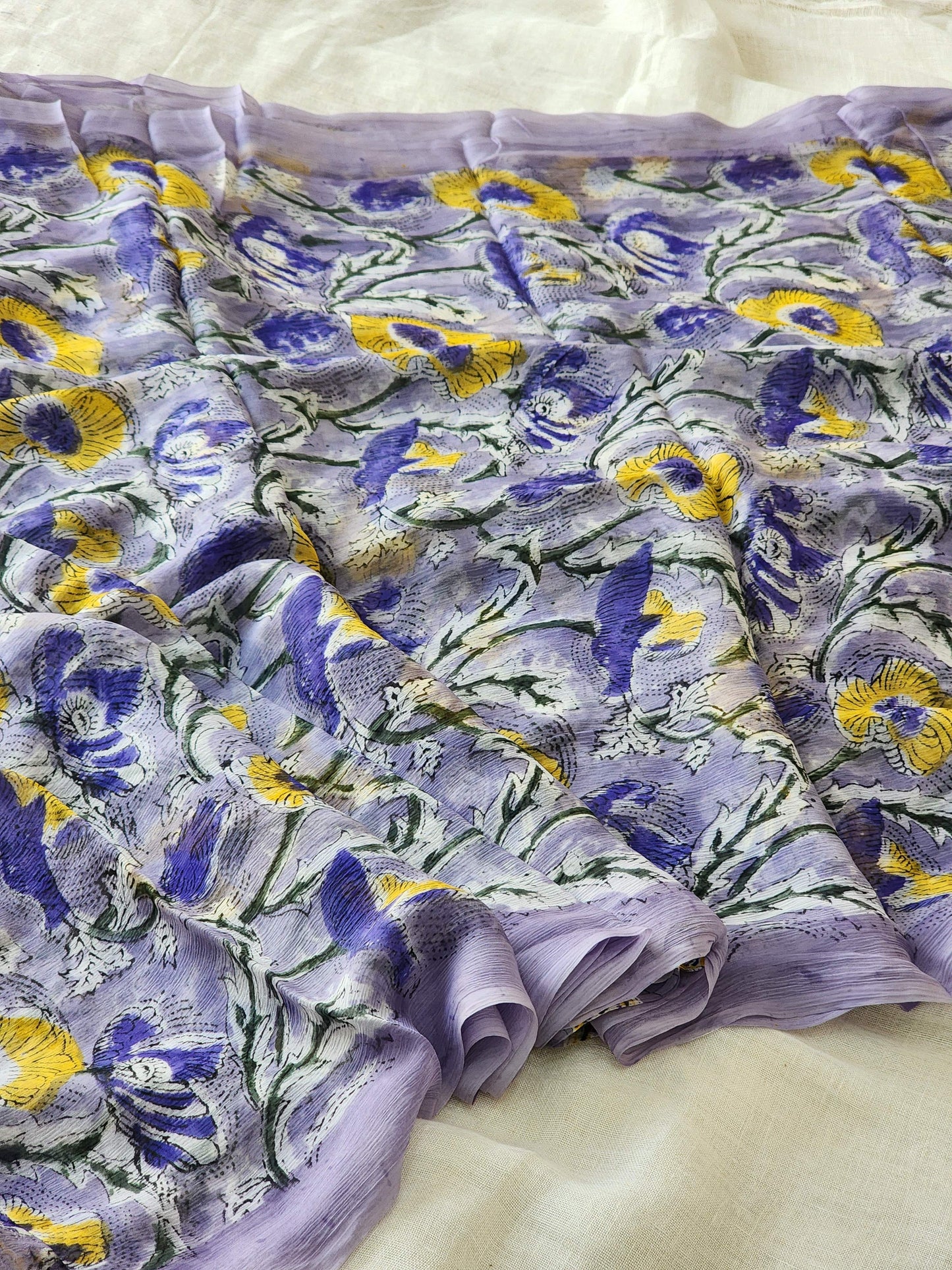 Light Purple Chiffon Handblock Saree