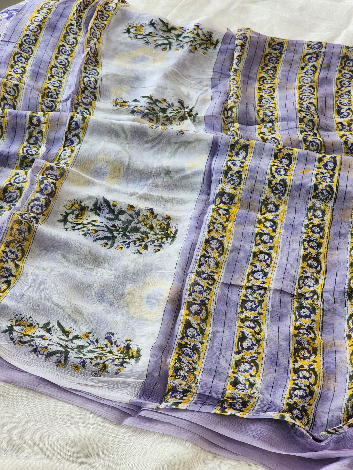 Light Purple Chiffon Handblock Saree