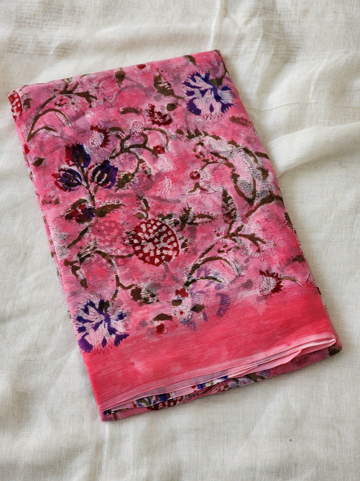 Pink Chiffon Handblock Saree