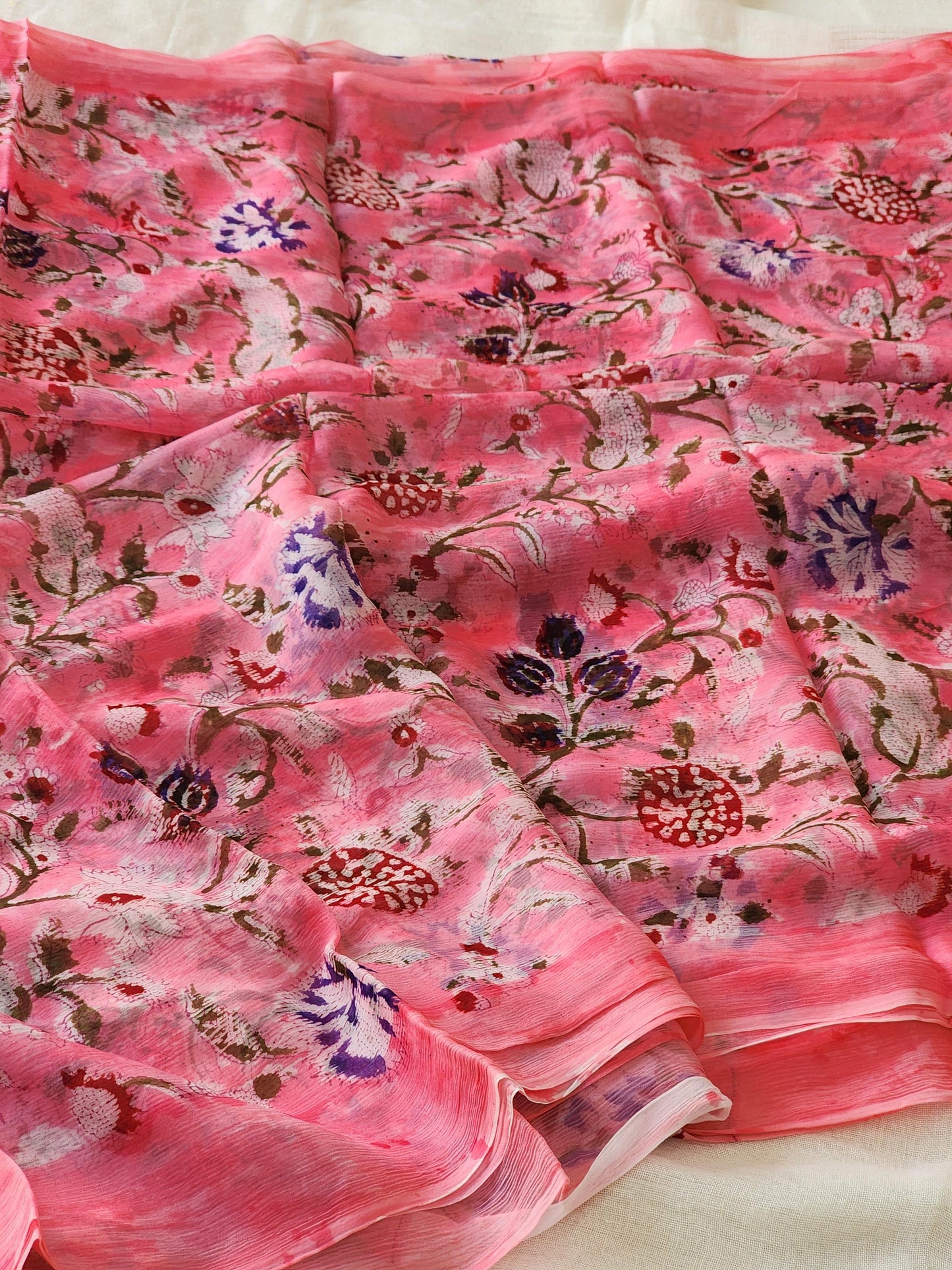 Pink Chiffon Handblock Saree
