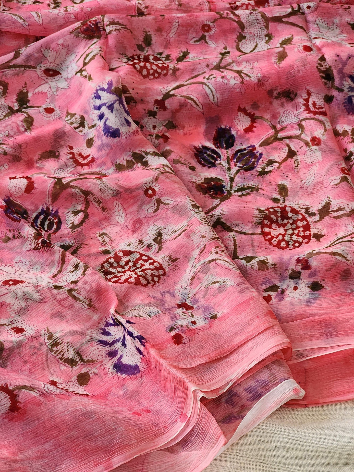 Pink Chiffon Handblock Saree