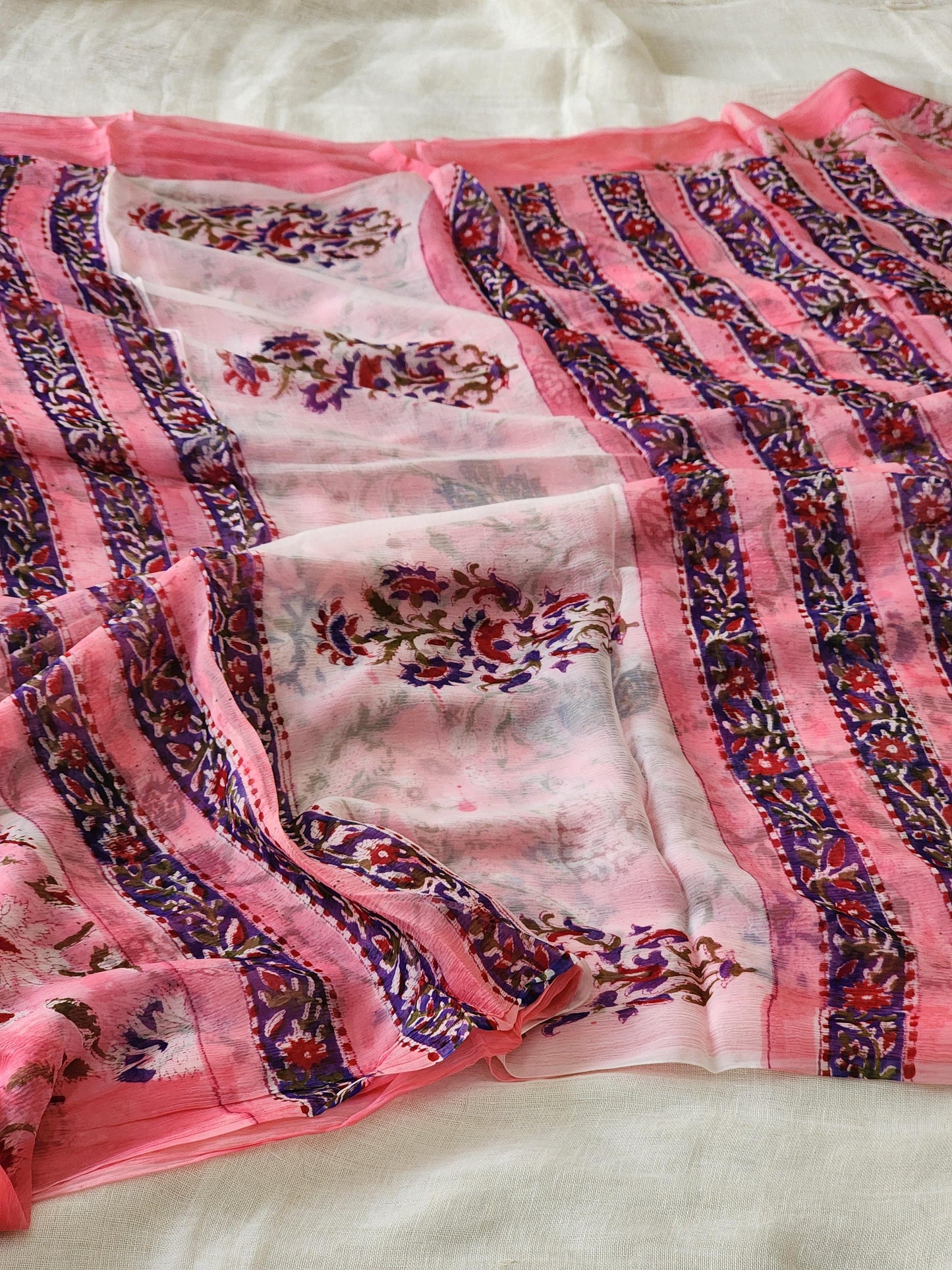 Pink Chiffon Handblock Saree