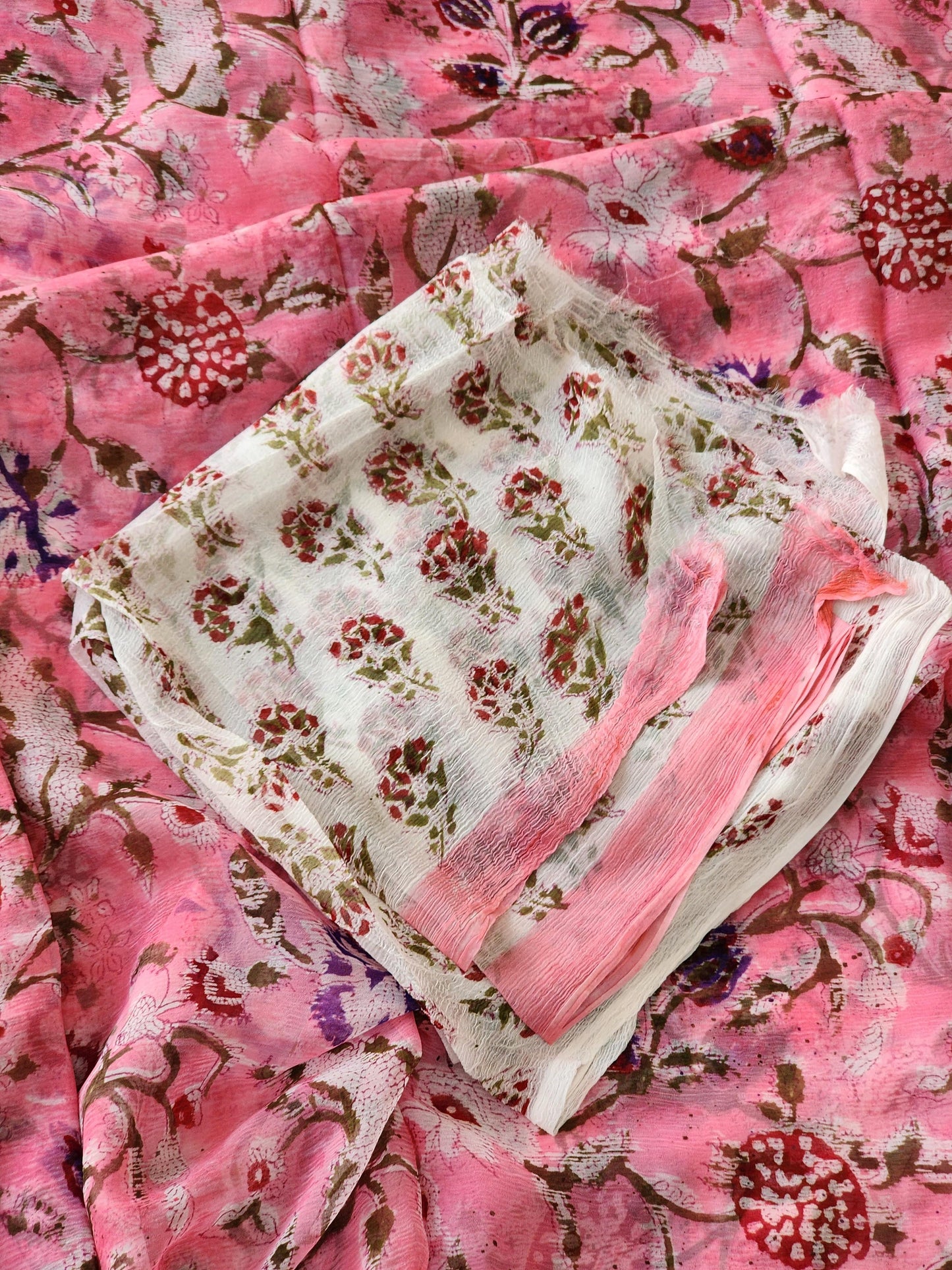 Pink Chiffon Handblock Saree
