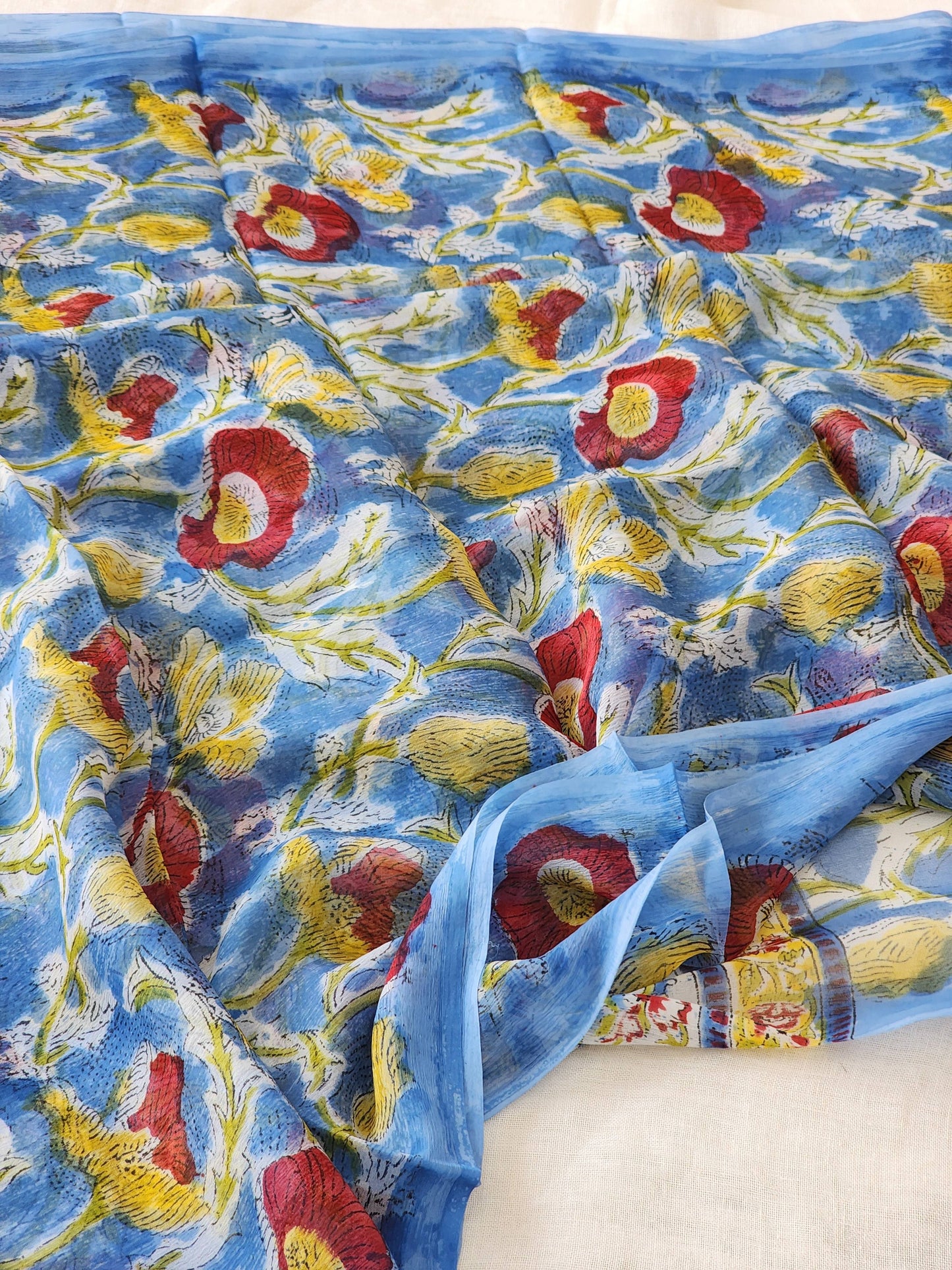 Light Blue Chiffon Handblock Saree
