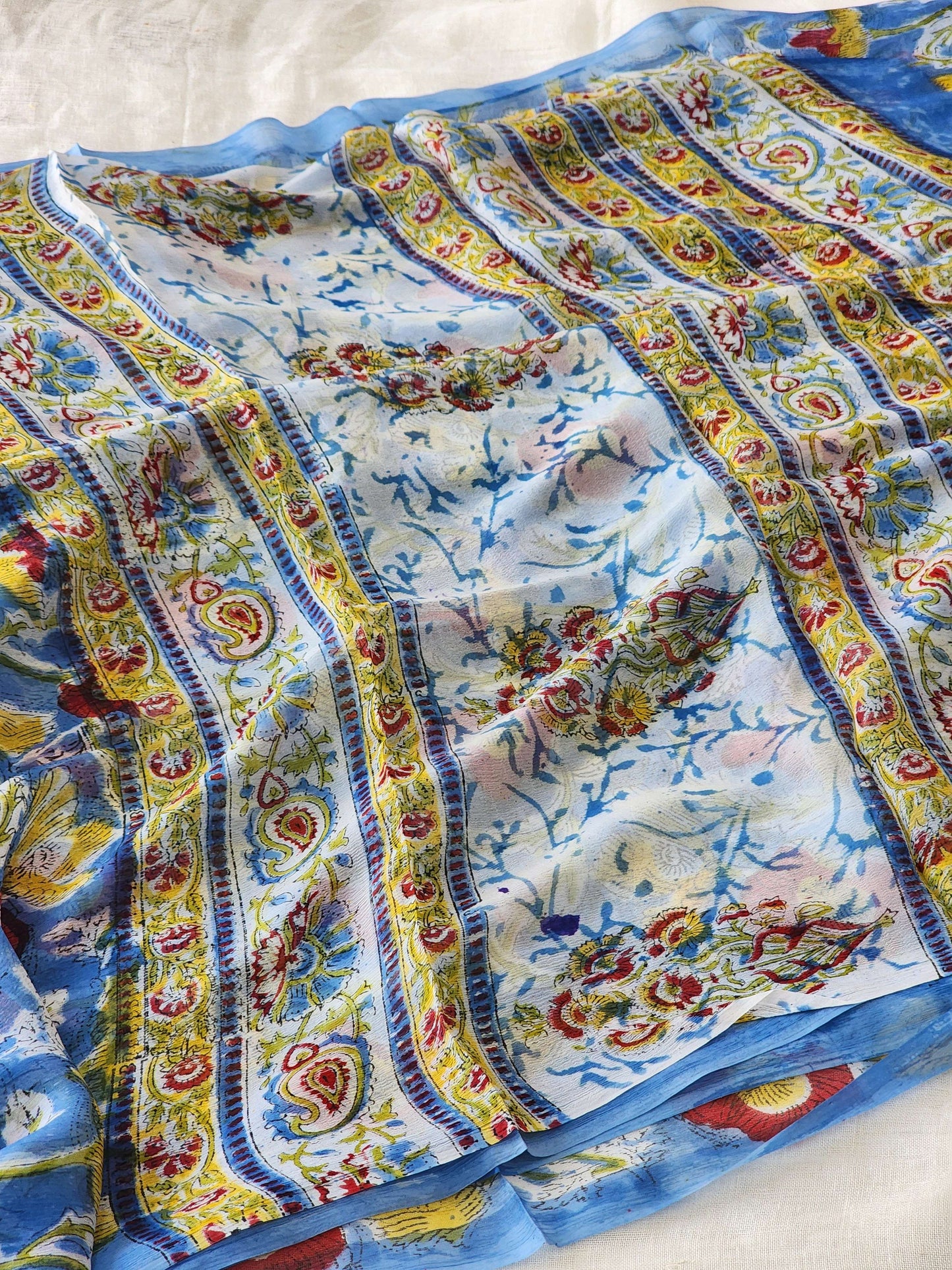 Light Blue Chiffon Handblock Saree