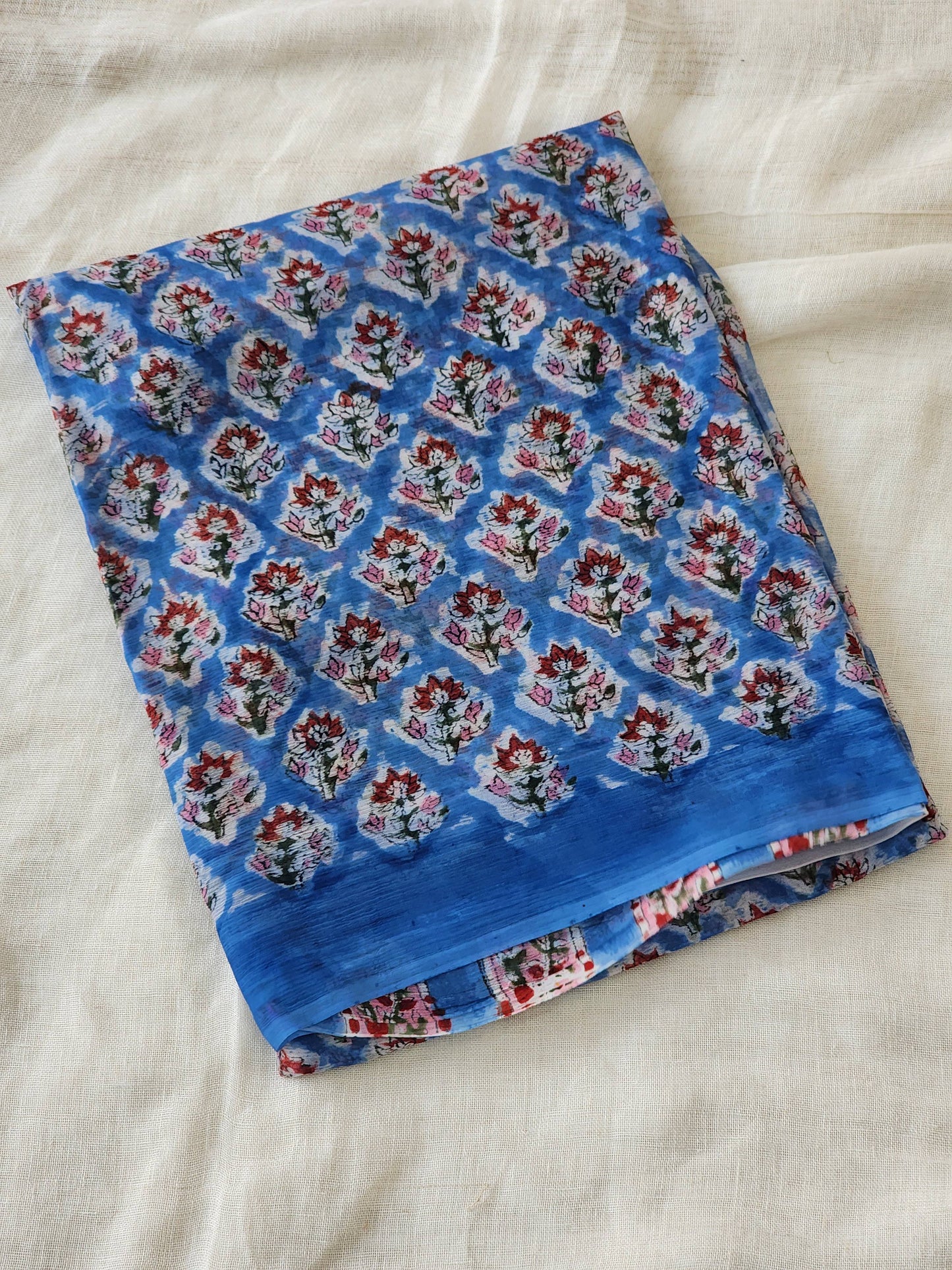 Blue Chiffon Handblock Saree